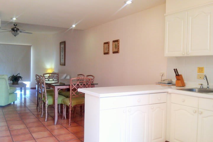 Kitchenette with sink and utensils in a suite