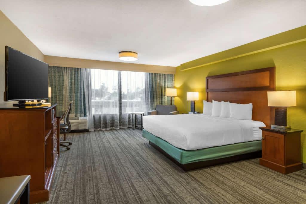 Habitación con cama extragrande y sofá cama