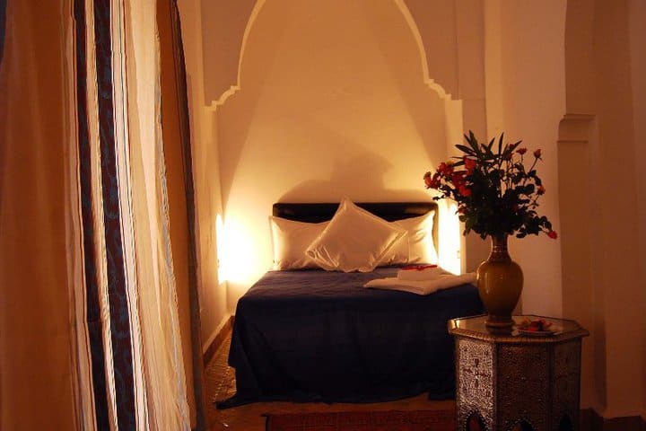 Guest rooms at the Riad Hannah hotel are decorated with Moroccan elements