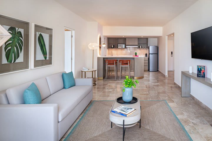 Sitting area and kitchen in a suite