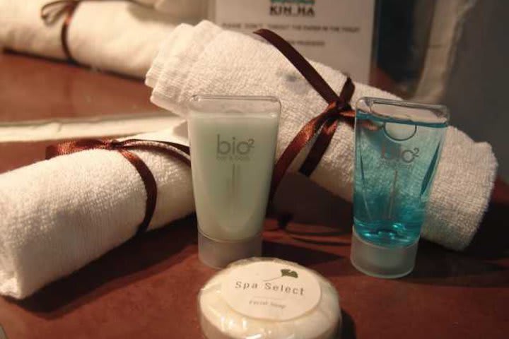 Bath amenities in a guest room at Hotel Kin Ha Pueblo