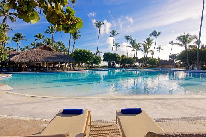 Sun loungers next to the pools