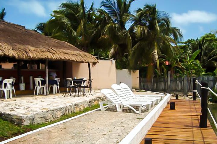 Sun loungers on the pier overlooking the lagoon