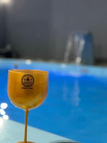 una copa de vino amarillo junto a la piscina de la Pousada Hércules Beach Paradise, en Maragogi