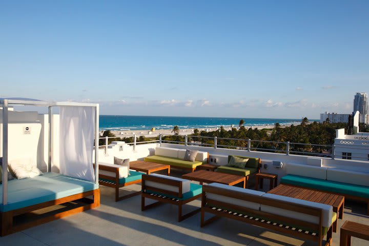 View of the city and the sea from the terrace at the Clevelander Hotel
