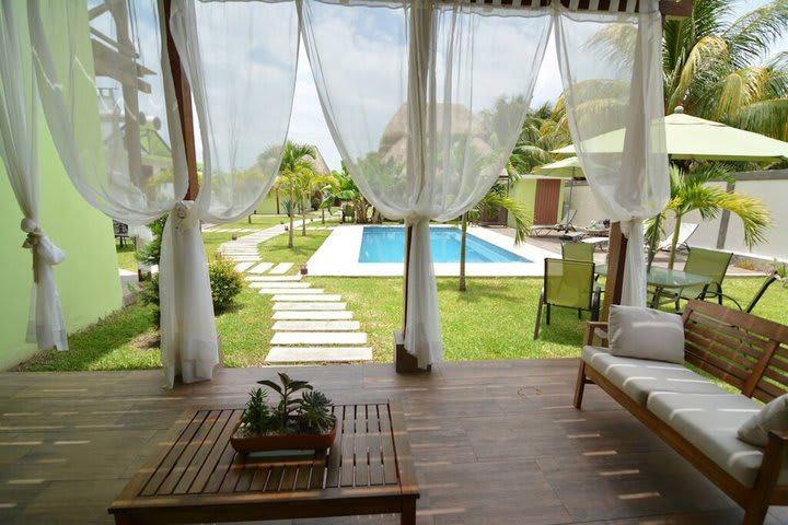 View of the pool from a master suite