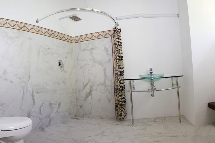 Guest bathroom in a suite at the Hacienda Tepich hotel in Acanceh