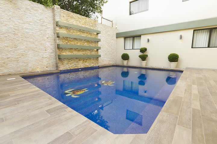 The hotel features a pool