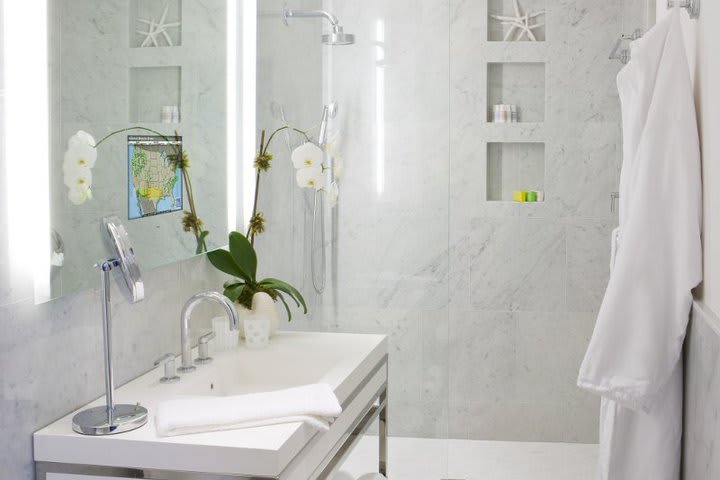 Private marble bathroom in a guest room at The Betsy Hotel in Miami Beach