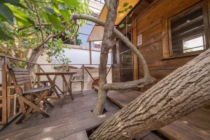 Hay habitaciones en las casa de árbol con balcón