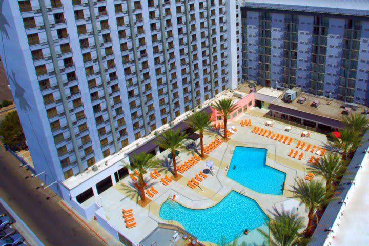 Panoramic view of the hotel with two pools