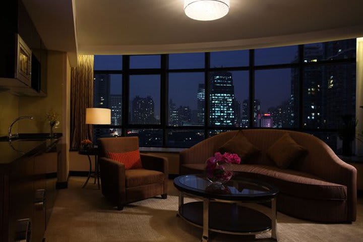 Sitting area in a suite at the Howard Johnson Business Club hotel in Shanghai