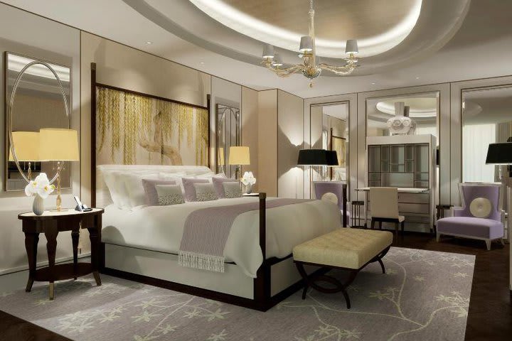 Guest rooms at The Langham hotel in Chicago feature a mid 20th-century style