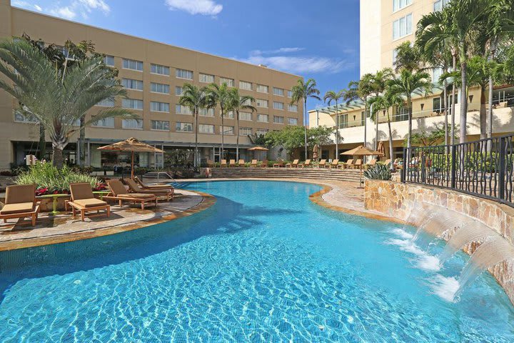 Pool surrounded by sun loungers