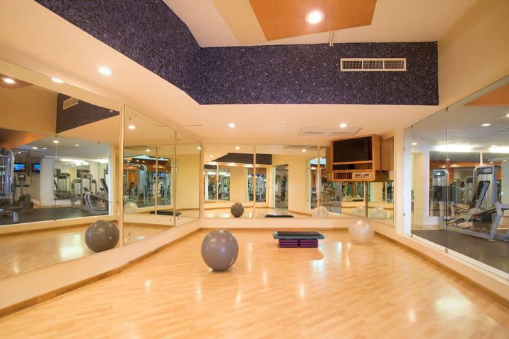 The fitness center has an aerobics room