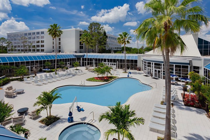 The hotel has two pools and a Jacuzzi