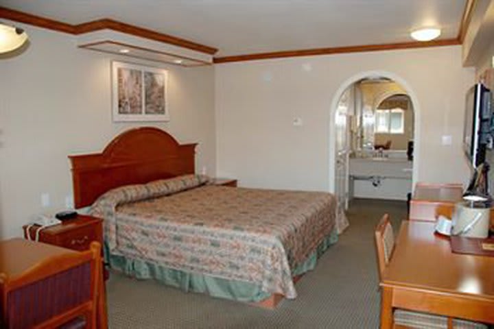 Guest room with a king bed at the Alexis Park hotel in San Francisco