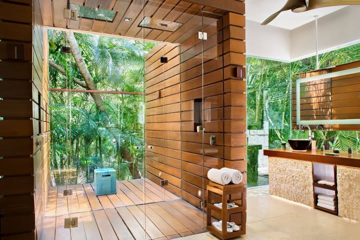 Bathroom with outdoor shower in a villa