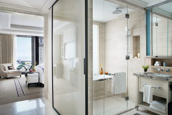 Bath with rain shower in a guest room at The Langham hotel in downtown Chicago