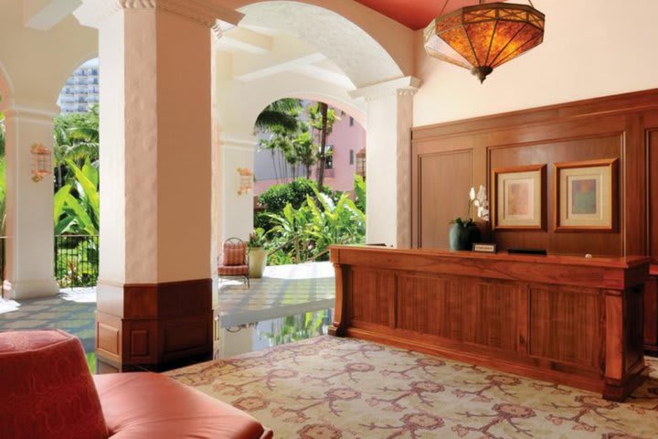 Front desk at the Royal Hawaiian hotel on the beach of Waikiki