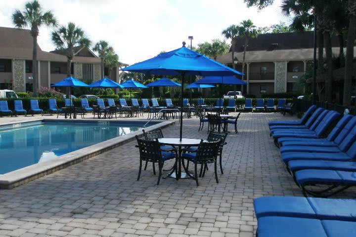 Sun loungers by the pool at the Polynesian Isles Resort
