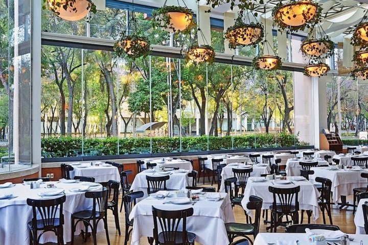 Amplias ventanas y plantas colgantes en el restaurante Los Canarios