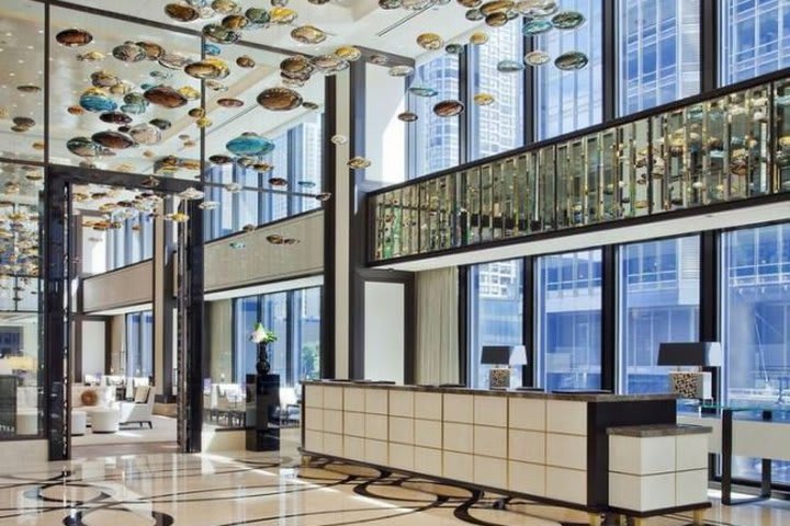 Front desk at The Langham hotel, in a historic skyscraper in downtown Chicago