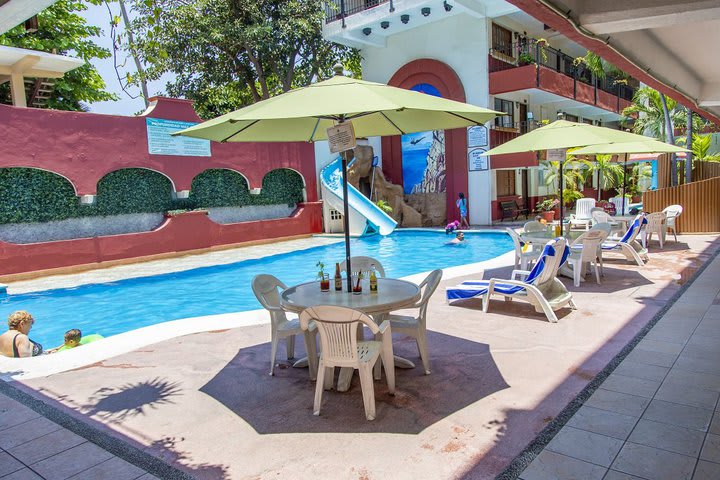 Tables next to the pool