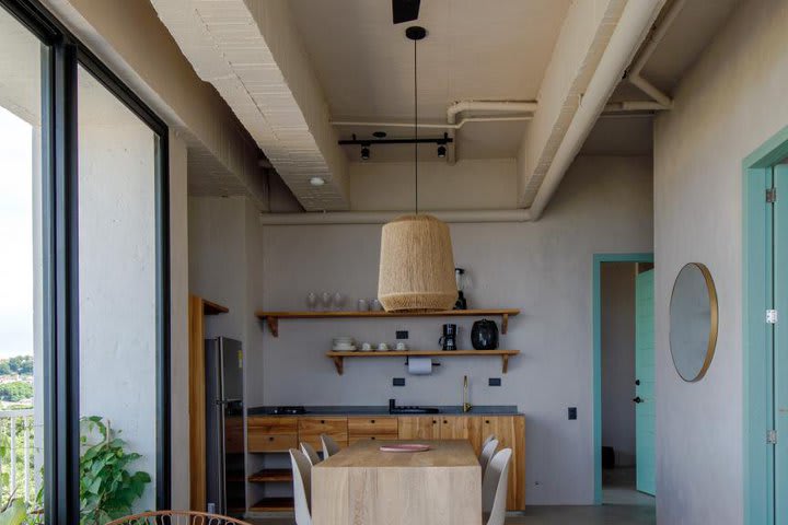 Dining area and kitchen in an apartment