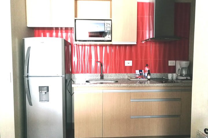 The kitchen is equipped with stove and refrigerator