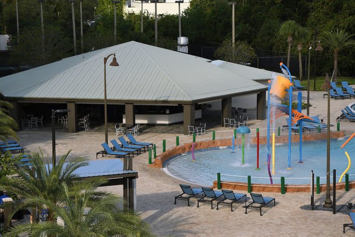 The pool has a shallow area for children