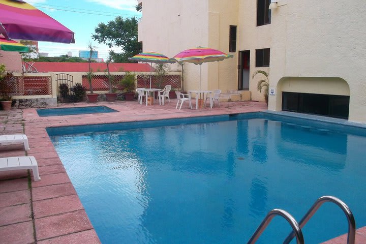 The hotel features a pool