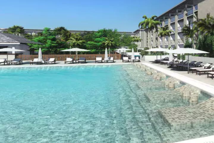 Piscina con camas en el agua (imagen generada por computadora)