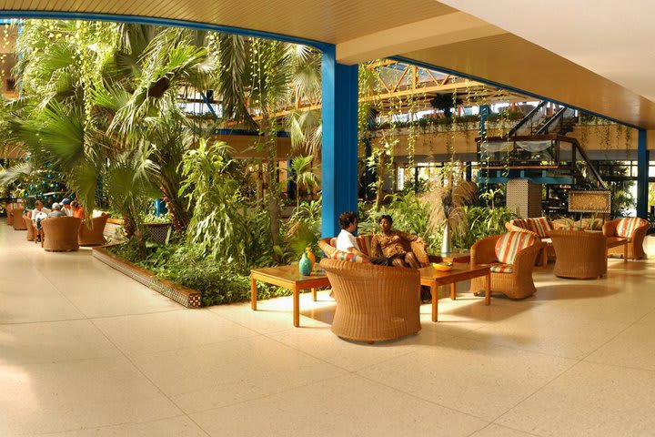 Área de descanso en el lobby de ambiente tropical