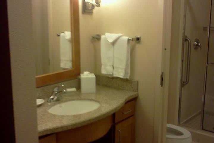 Private bathroom in a suite at the Homewood Suites SFO Airport North hotel