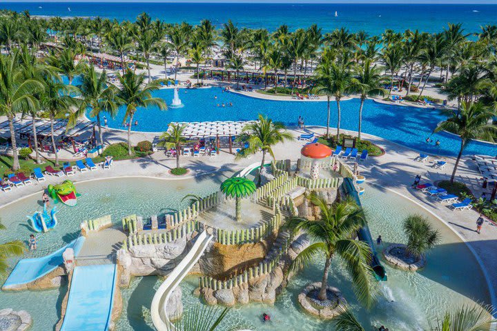 The water park has castles, slides, and waterfalls