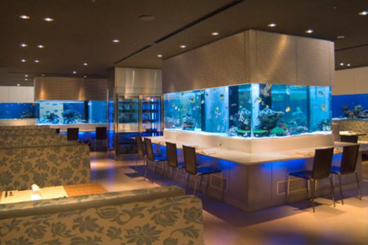 One of the restaurants at the Shinagawa Prince Hotel is surrounded by fish tanks