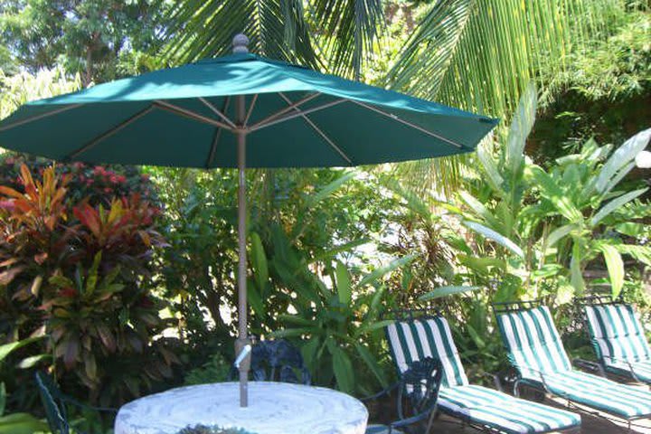 Lounge chairs surrounded by gardens at Suites La Hacienda in Puerto Escondido