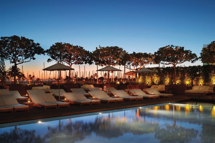 View of the pool at sunset