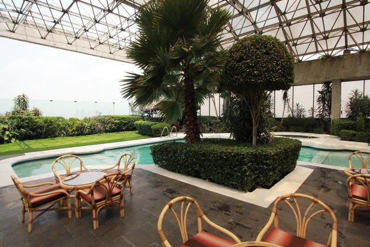 The pool is surrounded by vegetation