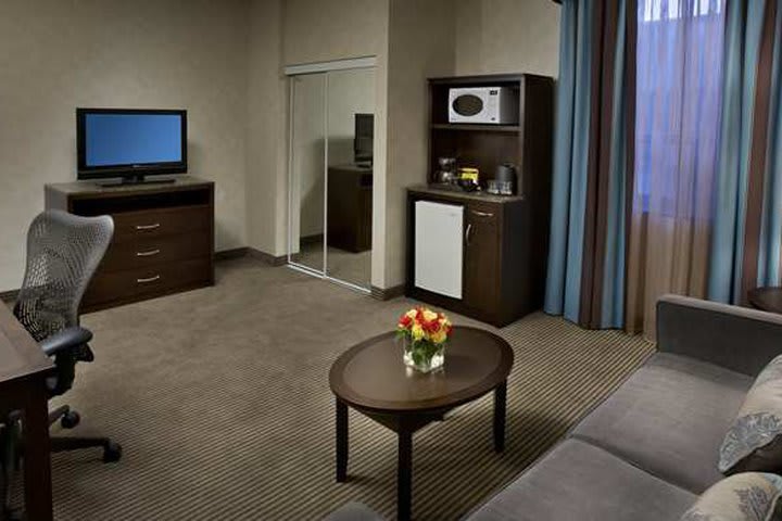 Guest rooms at the Hilton Garden Inn Toronto City Centre have a mini-refrigerator