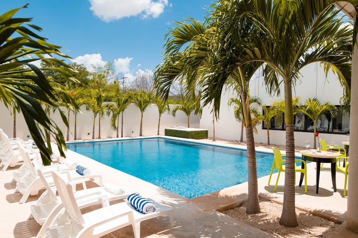 Sun loungers next to the pool