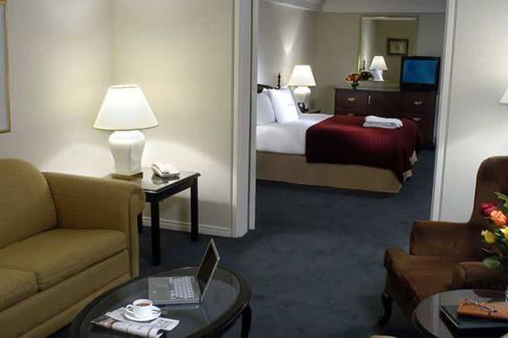 Sitting area in a guest room at the International Plaza hotel in Toronto