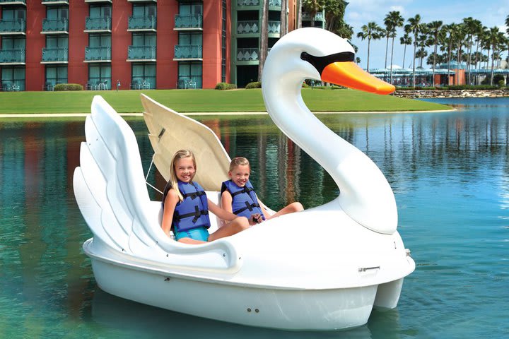 There are swan-shaped paddle boats