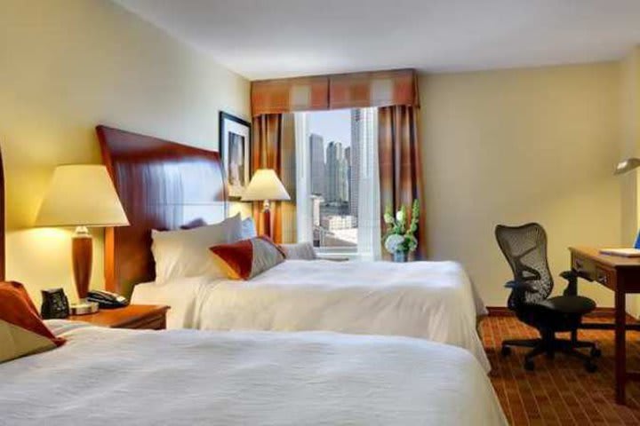 Guest room with city view at the Hilton Garden Inn near Magnificent Mile in Chicago