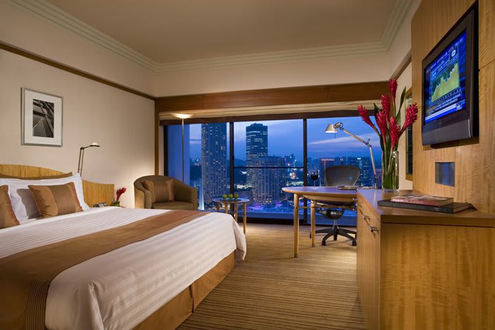 Guest rooms at the Pan Pacific Singapore hotel have a flat-screen TV