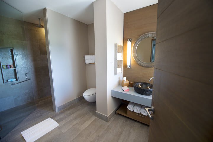 Baño con ducha tipo lluvia y lavabo de ónix en una habitación de lujo