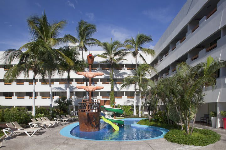 The children's pool has a pirate ship