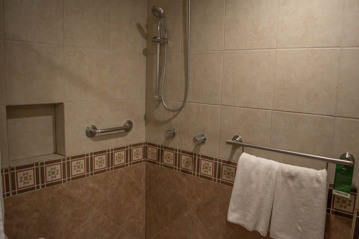 The shower in a room for guests with disabilities