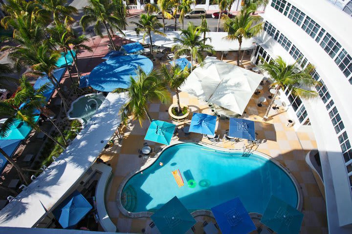 Aerial view of the pool at the Clevelander hotel in Miami
